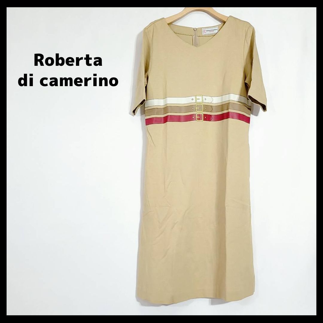 【28315】 Roberta di Camerino ロベルタディカメリーノ ワンピース サイズ9 / 約S ベージュ プリント 半袖  イタリアブランド レディース