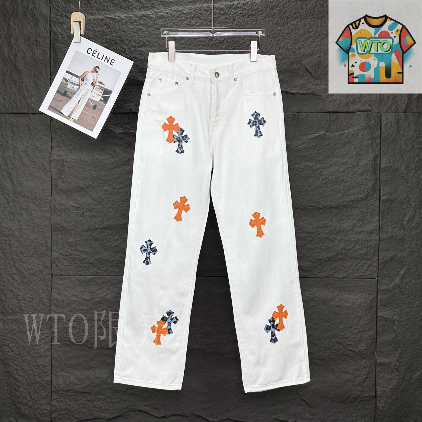 Chrom heartsデニム 今日特価】Chrome Hearts 2025 オレンジ青豹柄クロスデニム-WTO