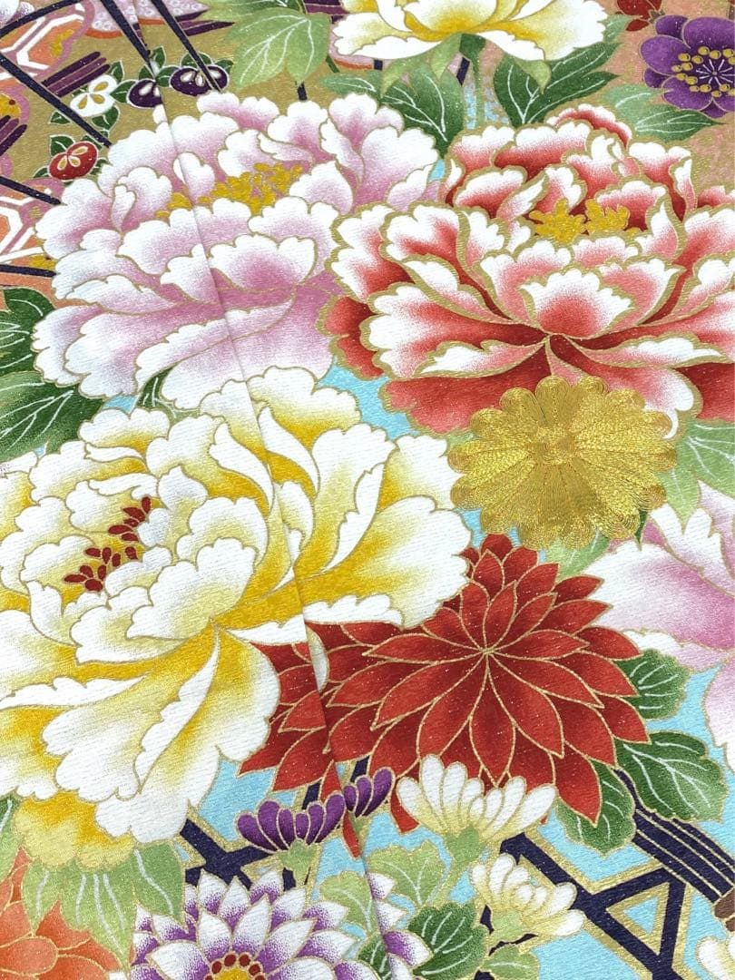 振袖 仮絵羽 銀通し 金駒 金彩 紋意匠 牡丹 正絹 未仕立て品 八掛付き