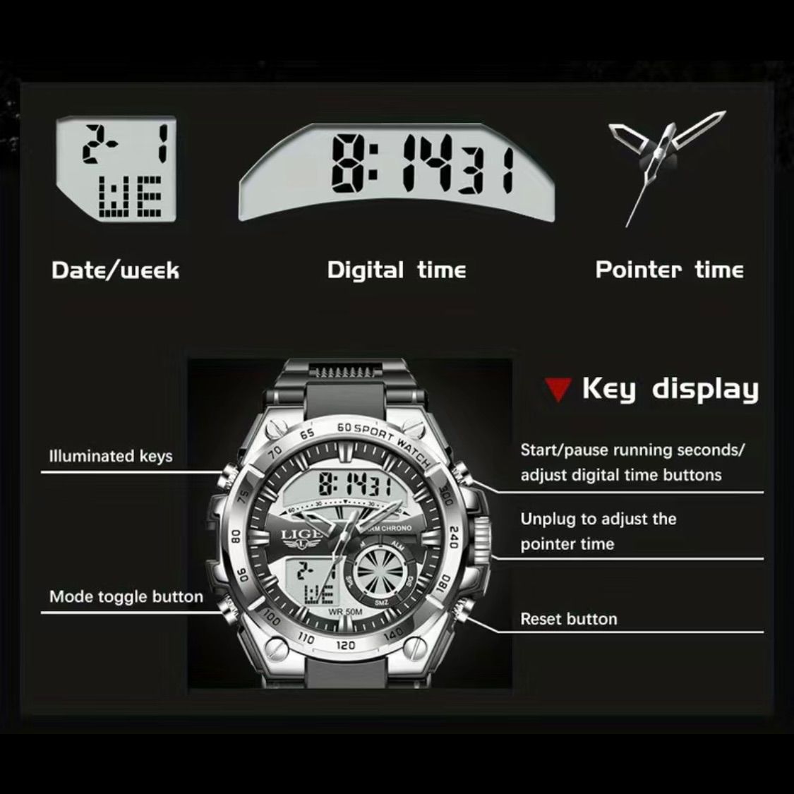 新品 LIGE スポーツデュアルウォッチ 50m防水メンズ腕時計 シルバーNEW - メルカリ