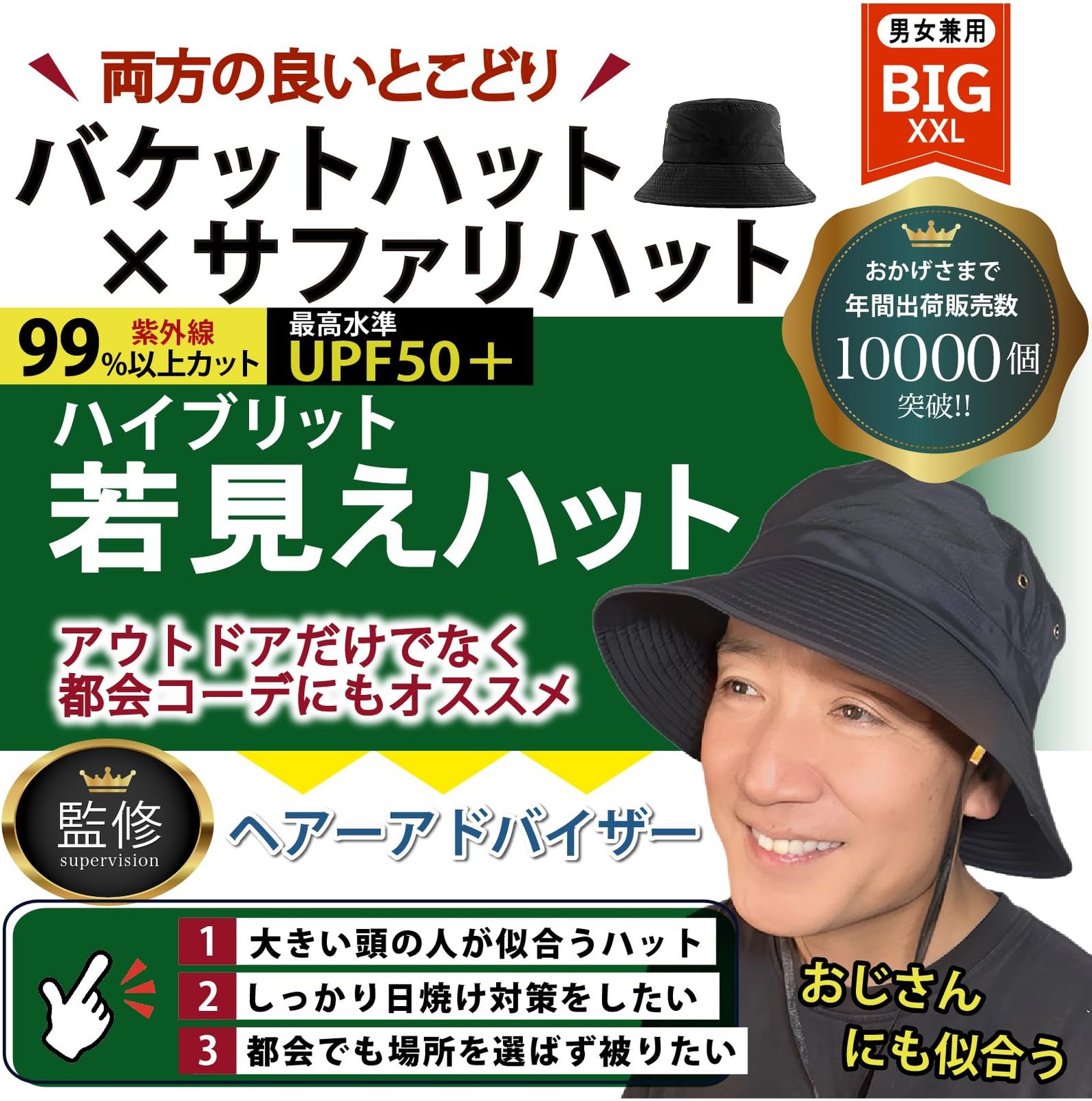 【迅速発送】MITSU-Q バケットハット メンズ 大きいサイズ サファリハット 特大 日除け帽子 帽子 【帽子アドバイザー監修】 春夏 UVカット検査済み ポリエステル製 小顔効果