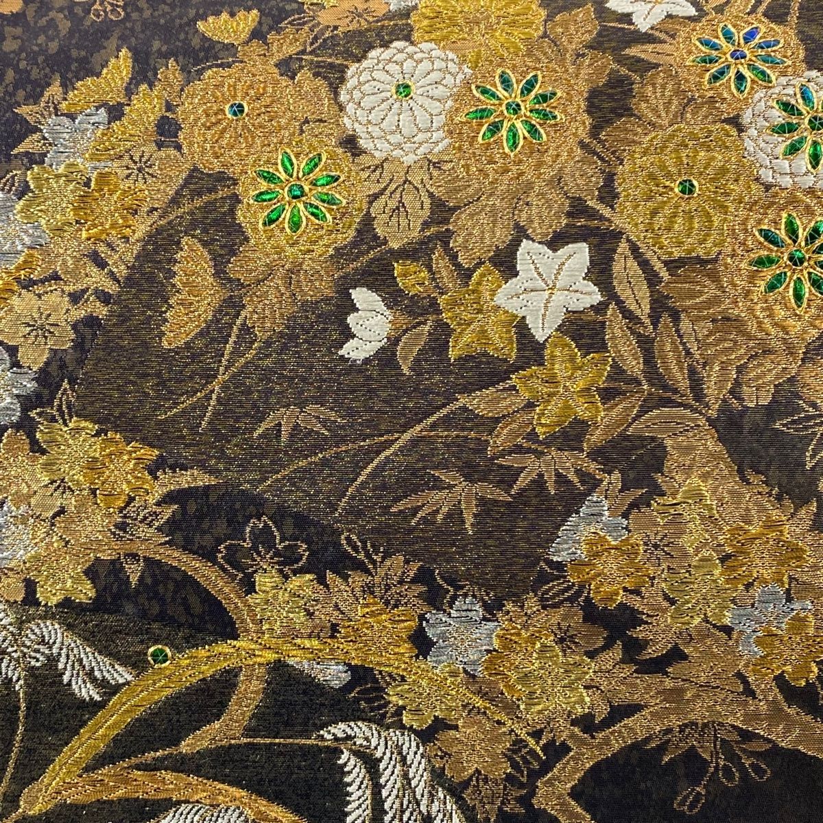 袋帯 じゅらく 落款 玉蟲貴人 桜華宝扇文 草花 金銀糸 唐織 濃紫 お太鼓柄 正絹