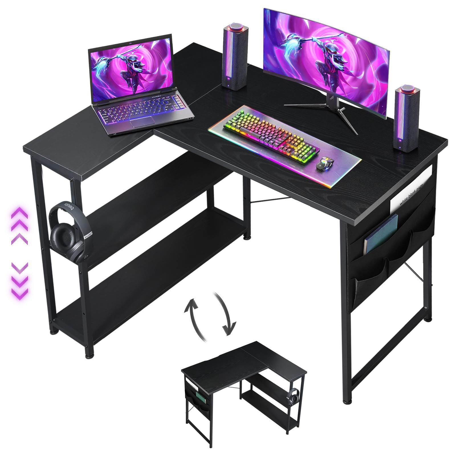 Maihail デスク 机 pcデスク パソコンデスク l字デスク 右棚左棚 幅99cm desk コーナーデスク つくえ 棚板高さ調節 作業机 L字型 勉強机 在宅ワークデスク リモートワーク ゲームデスク ラック付き 黒い