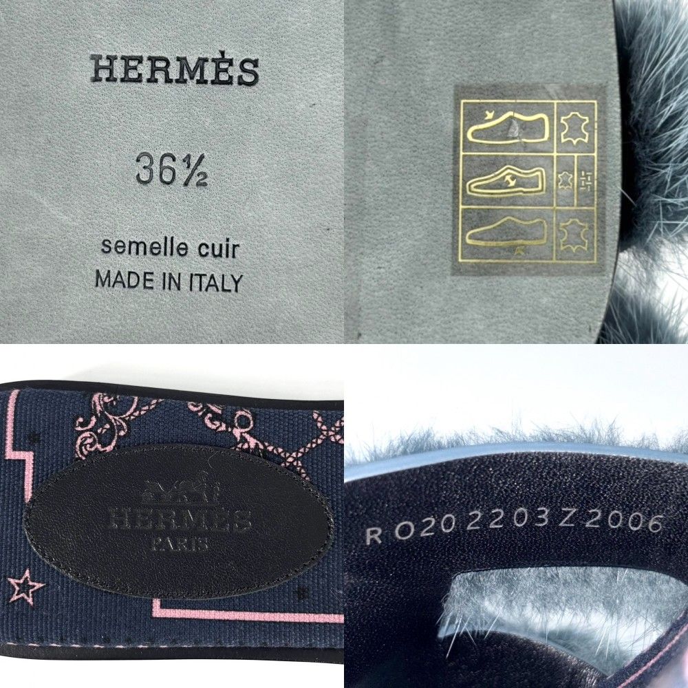 業界最安値の30%OFF～50%OFF!!  エルメス サンダル レディース オラン フラットシューズ 靴 36 1 2サイズ 約23.5cm HERMES ファー キャンバス ネイビー 紺 ピンク 春 秋 品