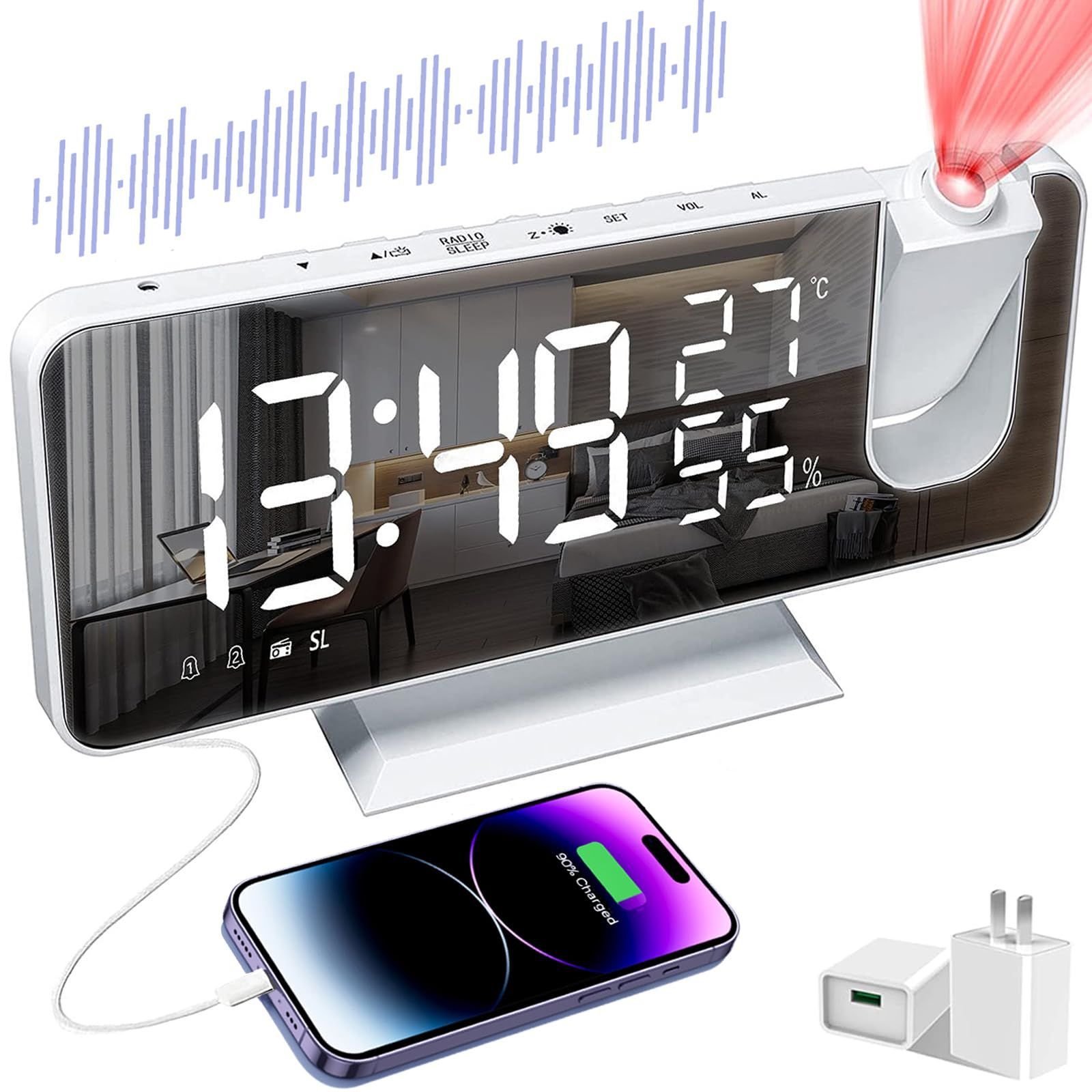 投影時計デジタル 目覚まし時計 デジタル時計 目覚ましライト 7.3インチLED大画面 温度/湿度表示 設置簡単 スヌーズとFMラジオ機能付き USB充電式 輝度調節 大音量 オフィス 寝室 おしゃれ ミ
