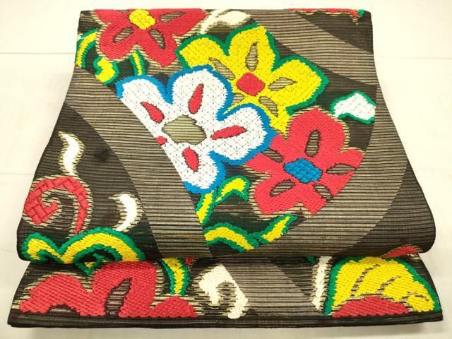 平和屋着物＊夏物 アンティーク 大正ロマン 六通柄袋帯 唐織 花唐草文 黒地 金糸 正絹 DAAX5931cm