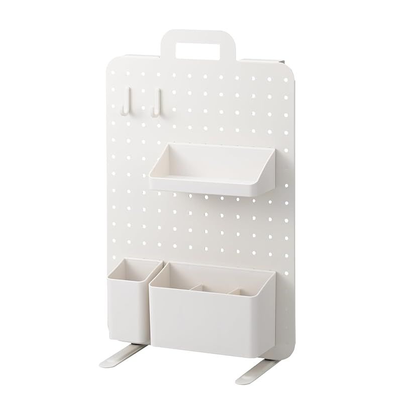 サンカ ペグボード 持ち運びできるスチール製有孔ボード 卓上収納 マットホワイト 中 マグネット対応 フック ポケット付属ですぐに使える 持ち手付き フックがずれない 見せる収納 標準ピッチ幅 25mmなので市販のパーツも使用 有孔ボード 背面も使える 壁