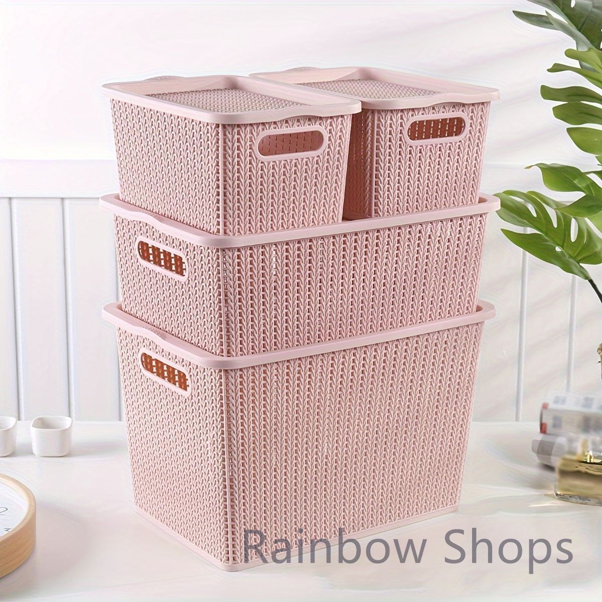 【新品未使用】プラスチック収納バスケット4点セット取っ手付きオフィス 書類整理 収納ボックス 衣類 化粧品 本 おもちゃ収納 メッシュ カゴwecp11