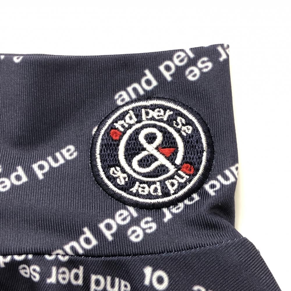 美品】アンパスィ 長袖ハイネックシャツ ネイビー×白×レッド ロゴ総柄