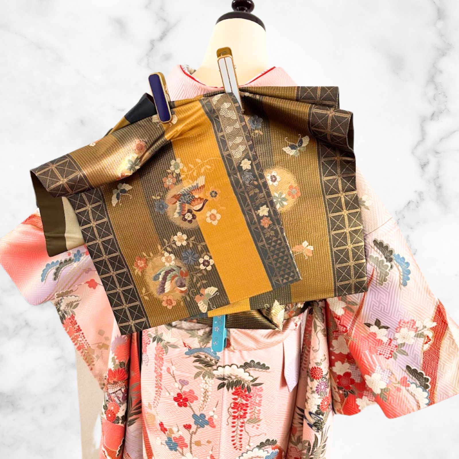 スモール 振袖 フルセット 身丈154 型染め ピンク 風景 furisode Furisode Kimono Full Set Pink with Floral Design Reversible