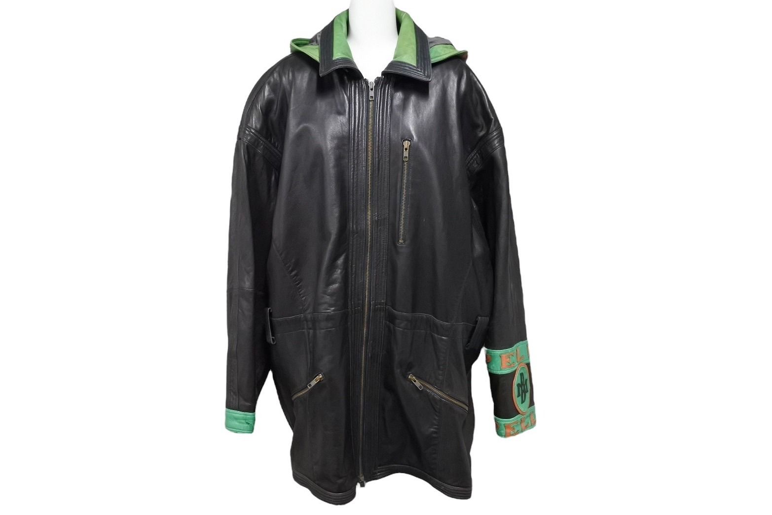 pellepelle ペレペレ レザージャケット サイズ38 ブラック グリーン オレンジ フード取り外し可 美品 中古 66866