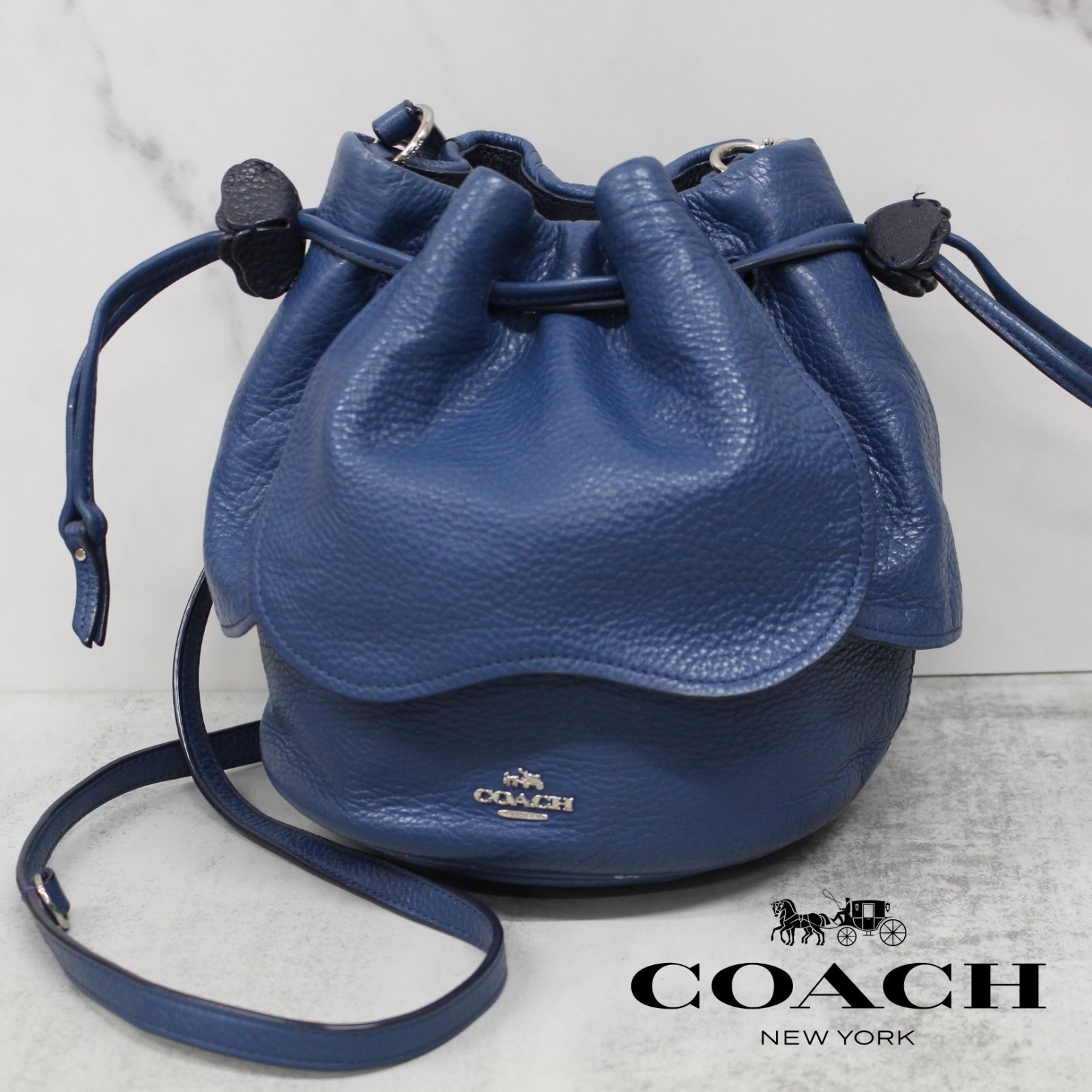 S068)COACH 巾着ショルダーバッグ ブルー 青 F57543 花柄 レザー 