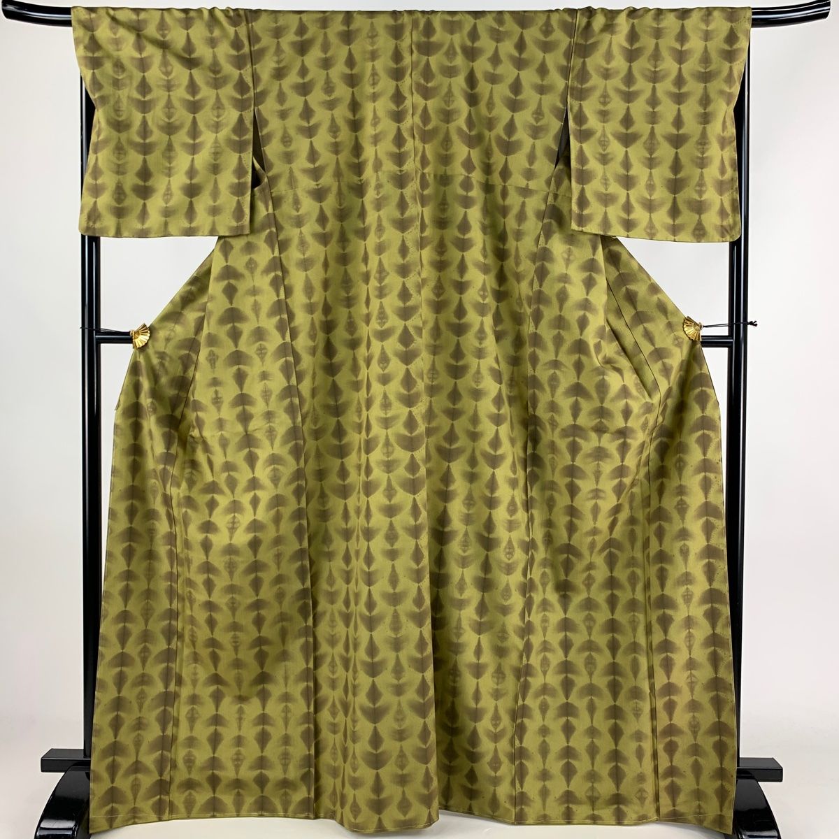 小紋 身丈168.5cm 裄丈69cm L 袷 紬地 幾何学模様 茶緑色 正絹 秀品