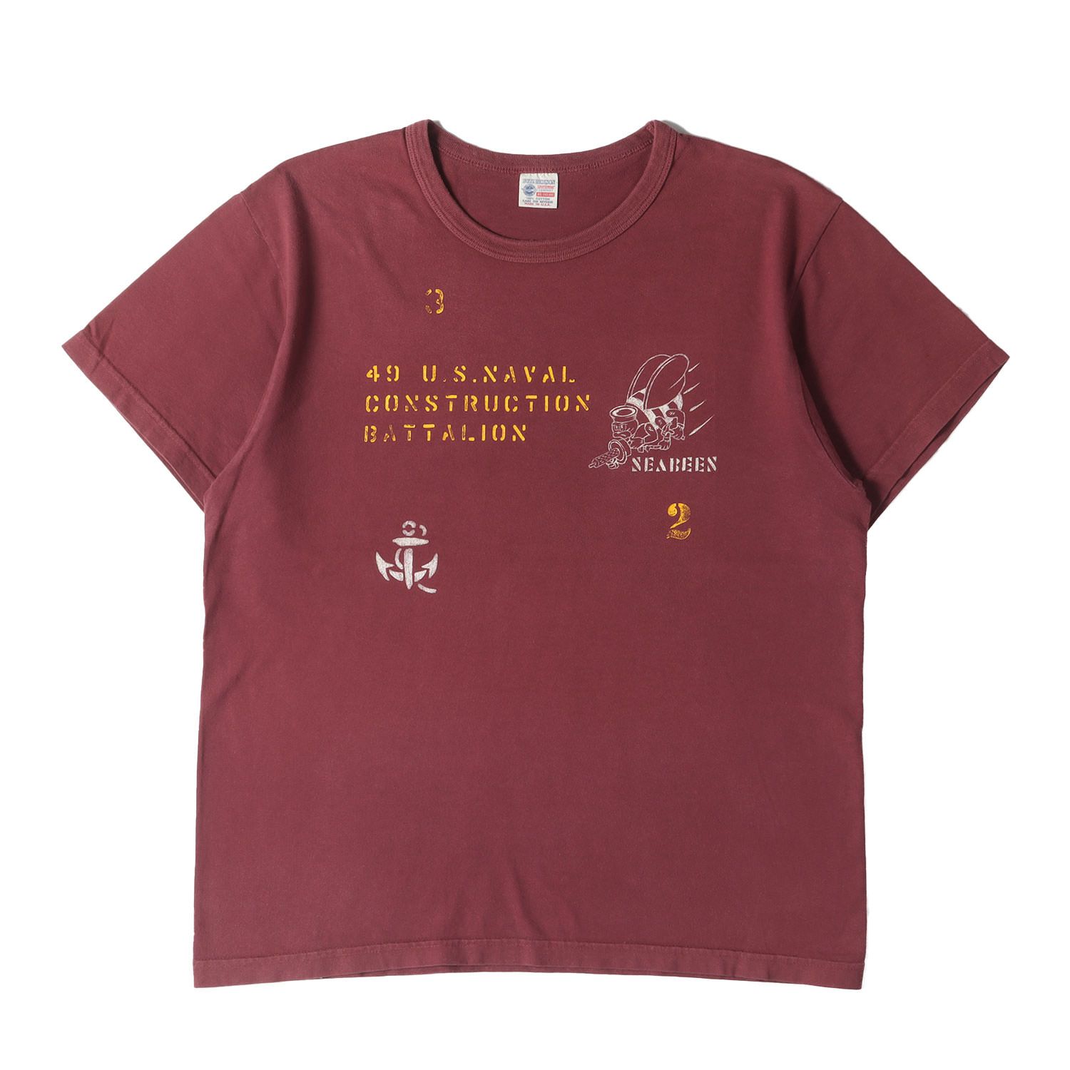 BuzzRicksons バズリクソンズ Tシャツ サイズ:XL SEABEES ミリタリー ステンシルプリント クルーネック Tシャツ バーガンディー USA製 東洋 トップス カットソー 半袖【メンズ】