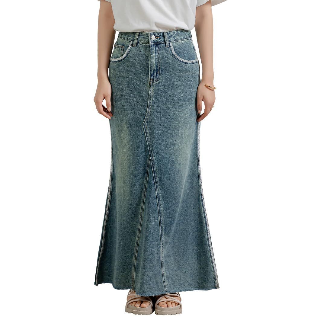 Size XL_Color ヴィンテージブルー DAYCLOSET デニムマーメイドスカート マキシ丈 レディース ダメージ加工 カットオフ 裾切りっぱなし skirt032 XL ヴィンテージブルー