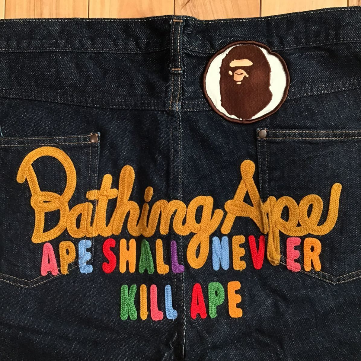 BAPE champion 刺繍 デニム ハーフパンツ Lサイズ a bathing ape BAPE 