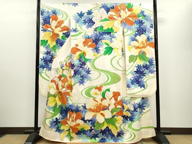 振袖フルセット豪華振袖　駒刺繍　扇面流水草花文　金彩　正絹 平和屋着物▽豪華振袖 駒刺繍 流水草花文 金彩 やまと謹製 正絹