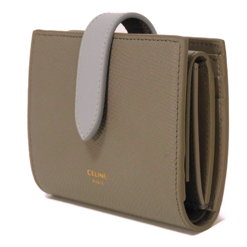 CELINE セリーヌ スモール ストラップ ウォレット 箔押し グレイン スムース カーフ ペブル ミネラル グレー ブルー 札入れ カードケース コインケース 新ロゴ 二つ折り財布 10H263BRU.10PI