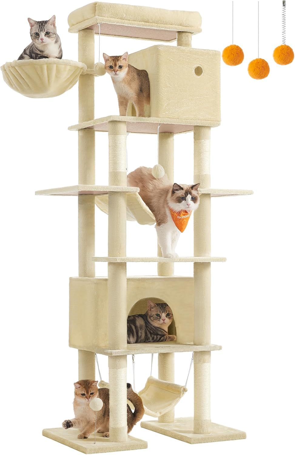 FEANDREA キャットタワー ねこタワー 大型猫用 多頭飼い 人気 据え置き 省スペース 登りやすい天然麻紐 爪とぎ 運動不足解消 高さ201CM 転倒防止用の帯が付き 組立簡単 使用の容易さ ベージュPCT195Y01