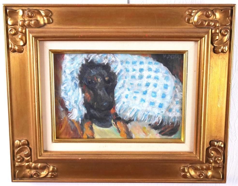 中村香織『ダックスフンド』◆油彩◆直筆サイン有◆雰囲気ある色彩！犬！額装