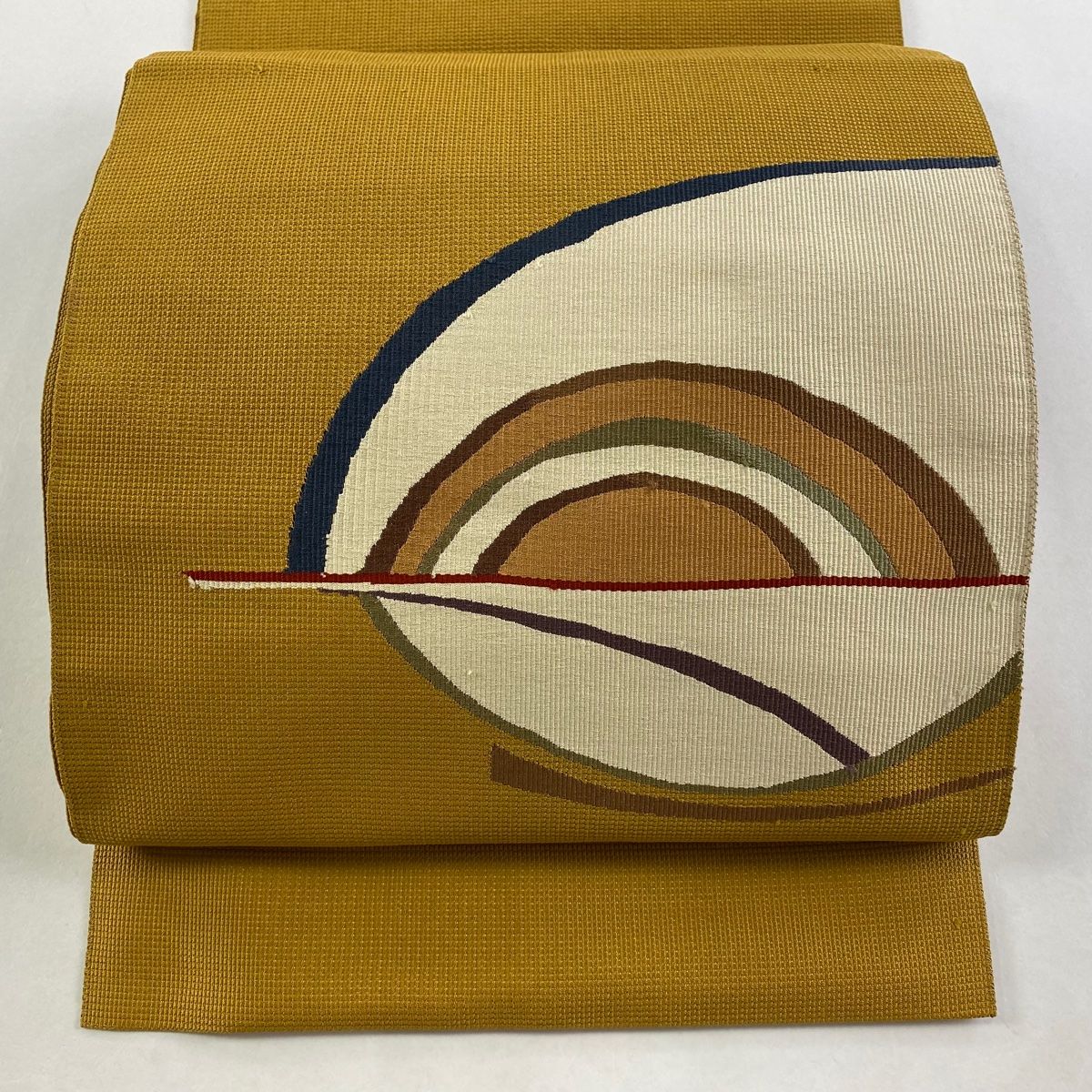 名古屋帯 秀品 八寸名古屋帯 松葉仕立て 幾何学模様 黄土色 正絹