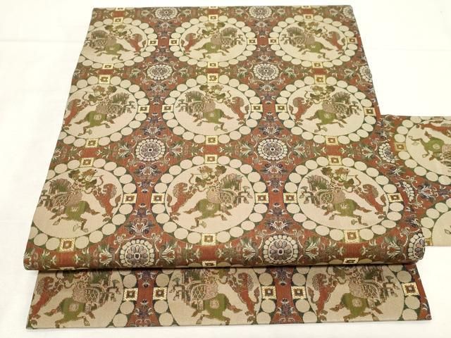 平和屋着物●全通柄 九寸名古屋帯 獅子狩文錦 金糸 正絹 CAAZ6488dy