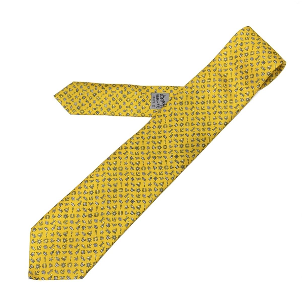 HERMES エルメス ネクタイ メンズ - イエロー×グレー×白