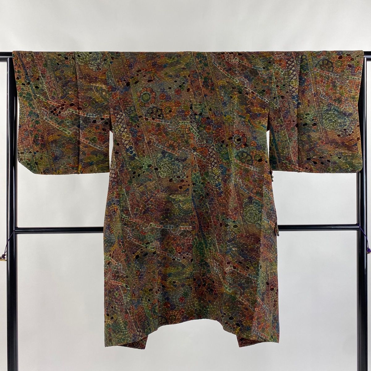 道中着 身丈105cm 裄丈65cm M 和装コート 着物衿 証紙 花 波 壽光織 赤茶 正絹