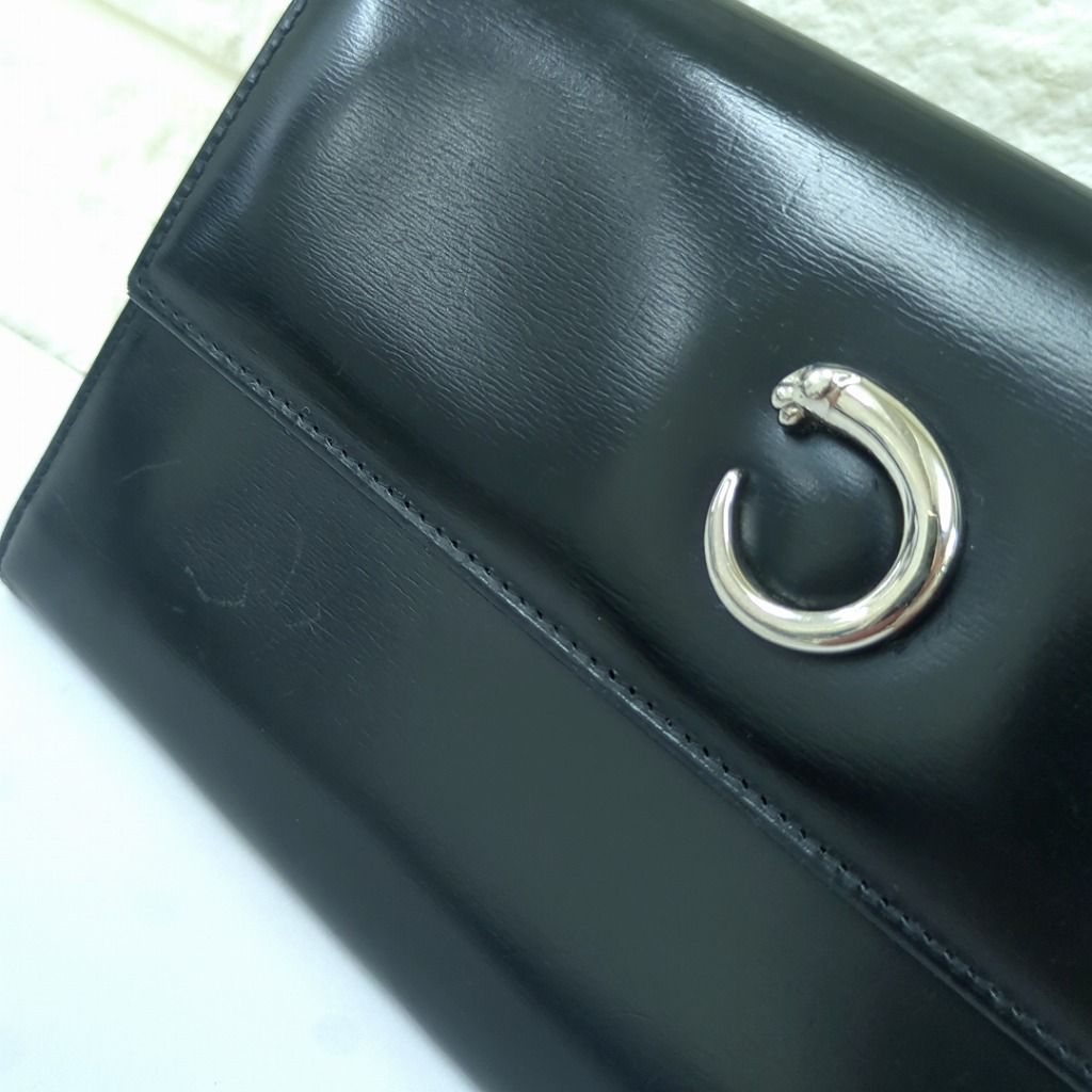 カルティエ パンテール レザー シルバー金具 長財布 ブラック フランス製 カルティエ パンテール レザー シルバー金具 長財布 ブラック