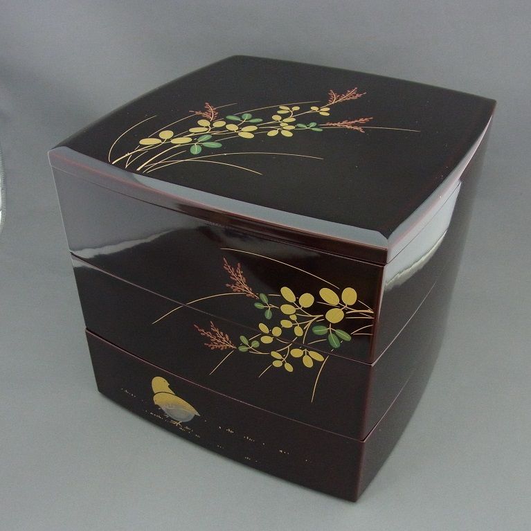 越前塗 6.5寸 銅張三段重 萩 溜内朱