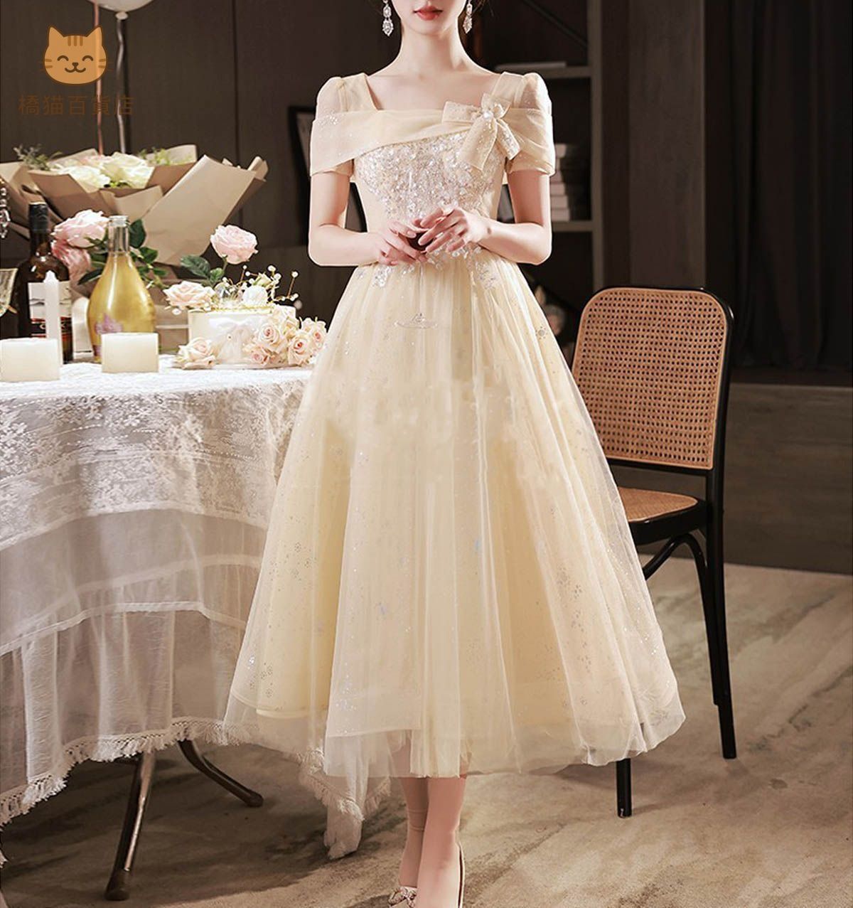 シャンパン ワンピース パーティー 結婚式 ドレス 韓国 冬のワンピースドレス シャンパン色の宴会ドレス女性2023新型