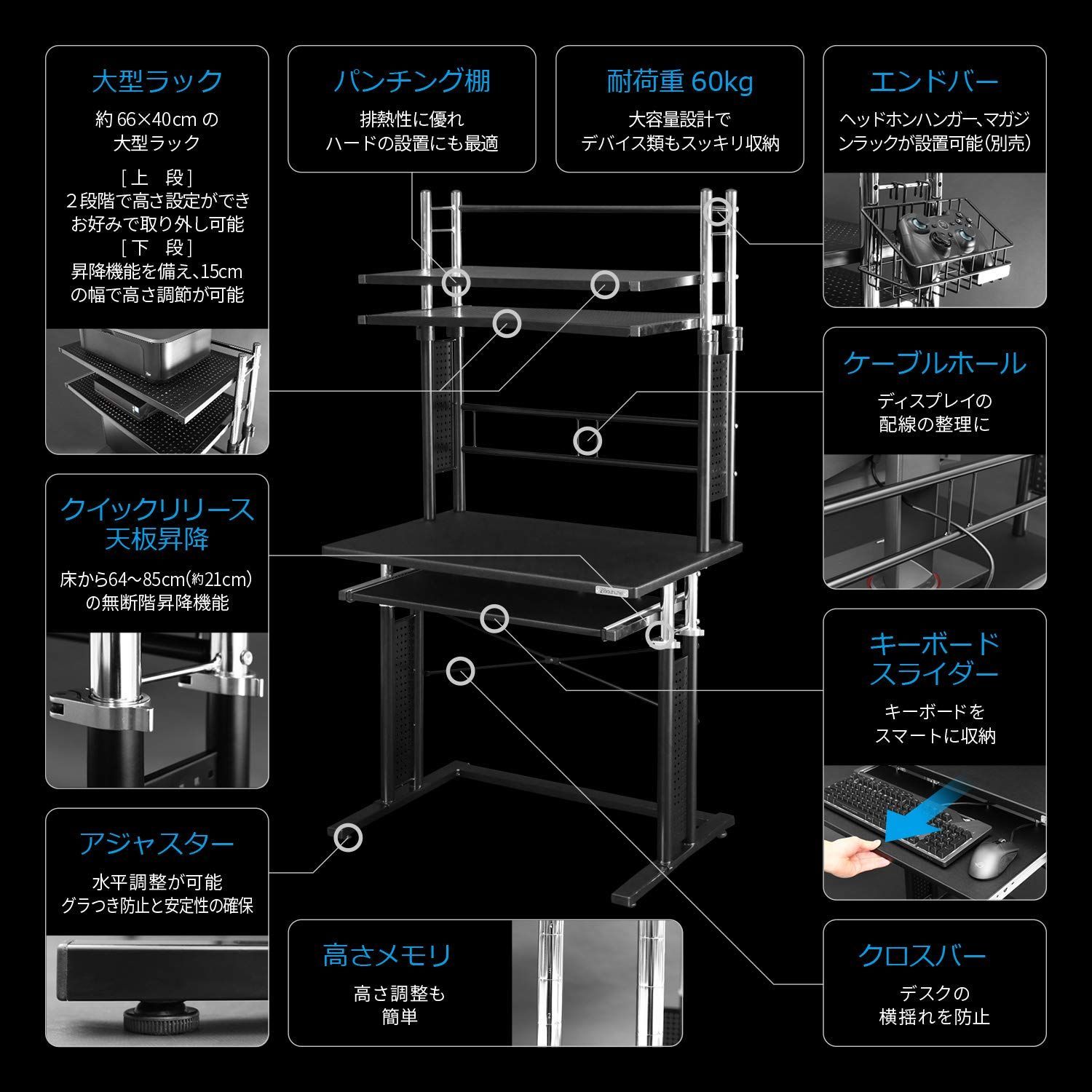 在庫セール】BHD-750PRM ブラック (幅75cm×奥行50cm) パソコンラック