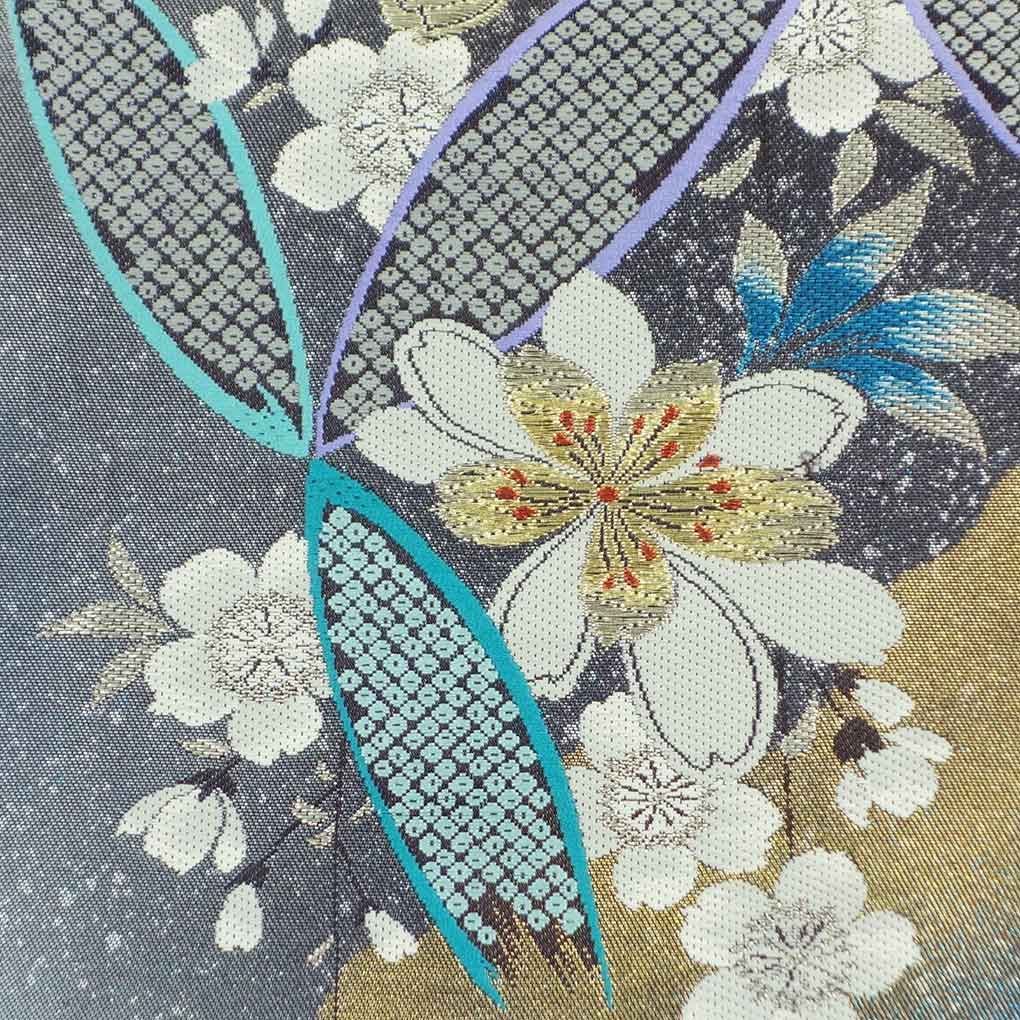 袋帯 幅31cm 長さ431cm レディース 桜 秋冬春用 正絹 シルク シルバー リメイク リユース リサイクル 呉服のきくや