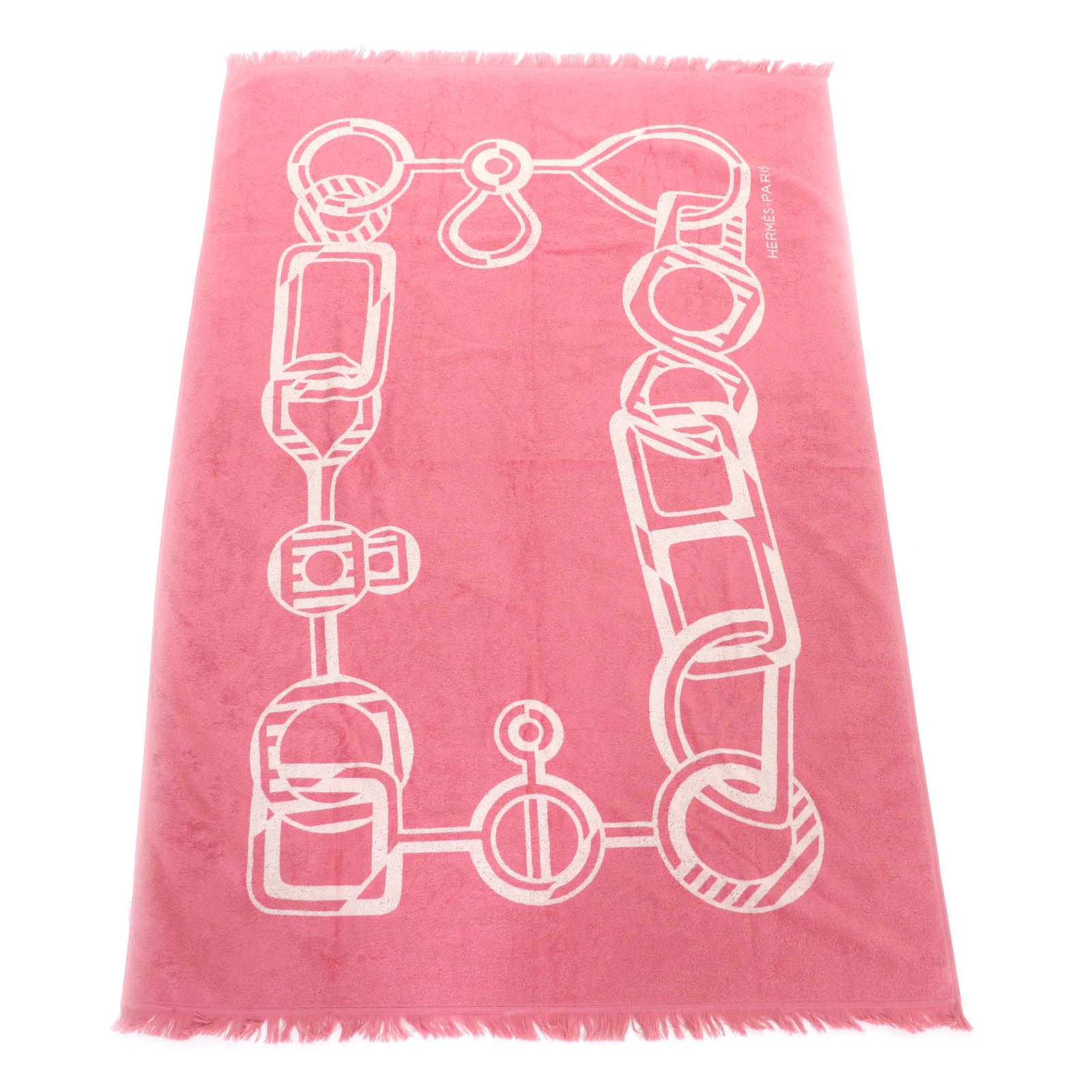 HERMES エルメス ヨッティング タトゥ ド レ バックル PM コットン マグノリア フリンジ付 ビーチタオル フランス製 レディース