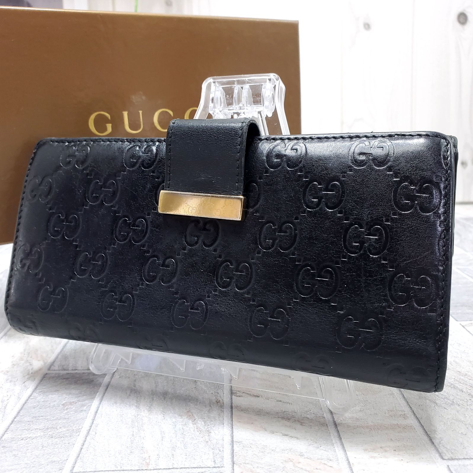 美品】GUCCI レザー 長財布 シマ ロゴプレート ブラック GG 総柄