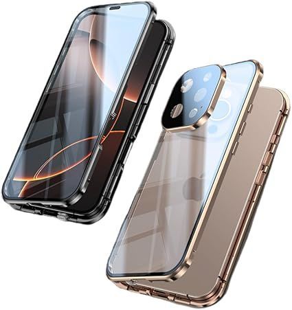 覗き見防止 iPhone 16 Pro ケース ロック付き 磁石式 メタルバンパー カメラレンズ保護 iPhone 16 pro ケース 両面保護 両面ガラス 全面カバー 強化ガラス アルミバンパー，金