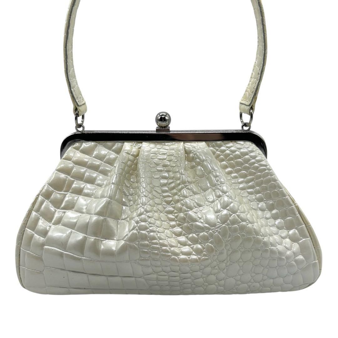 良品 1141 フレームワーク ハンドバッグ 2way がま口 クロコ型押し  