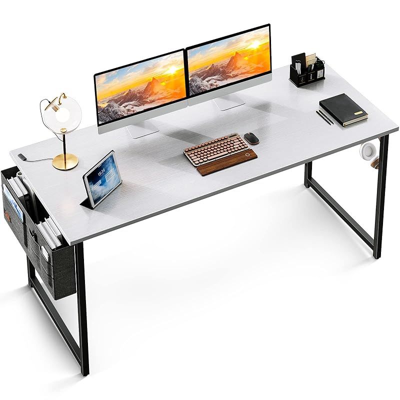 KKL デスク パソコンデスク 収納袋付き 幅140cm×奥行55cm ゲーミングデスク 机 pcデスク おしゃれ つくえ 省スペース 一人暮らし 在宅勤務 組立簡単 モニターアーム取付対応 ホワイト 1