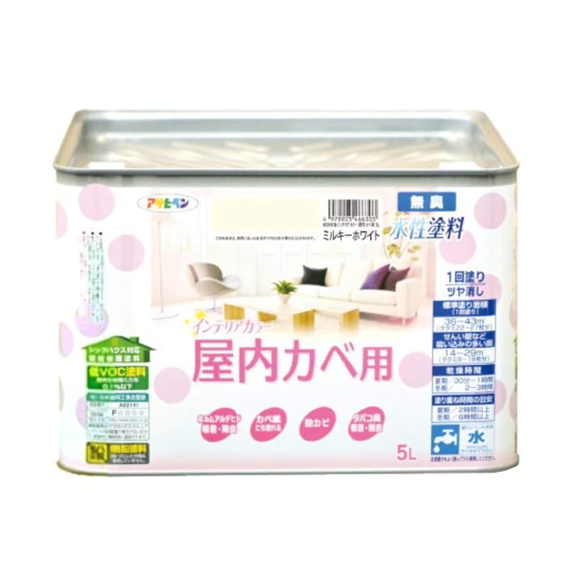 アサヒペン 塗料 ペンキ NEW水性インテリア 屋内カベ 5L ホワイトピンク 水性 室内 壁用 艶消し 1回塗り 無臭 防カビ 低VOC シックハウス対策品