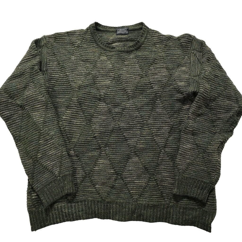 【レトロ古着】ウールニット セーター ラウンドネック ダイヤ柄 ダークカラー L