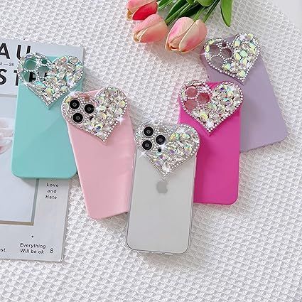 CrazyLemon 適用 iPhone 15 Pro Max ケース クリア かわいい おしゃれ ハート型 キラキラ グリッター ラインストーン デザイン カメラ レンズ 保護 カバー アイフォン15プロマックス ケース シリコー