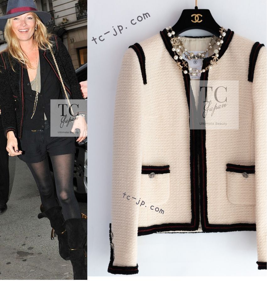 シャネル ジャケット CHANEL アイボリー ブラック レッド トリム ロマノフ ウール ツイード カール ラガーフェルド 36 メティエダール ライン