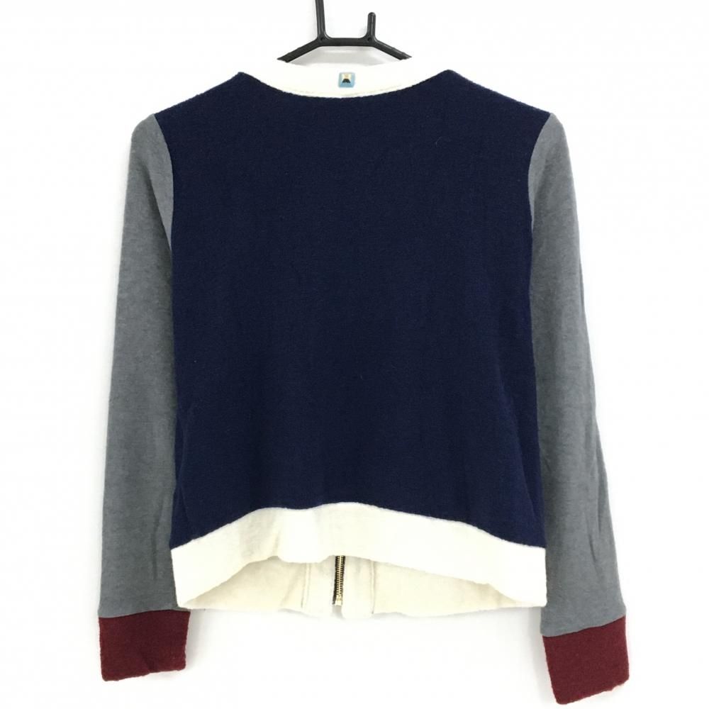 マークアンドロナ ニットジャケット ネイビー×白×グレー ウール混 異素材 レディース M ゴルフウェア MARK&LONA