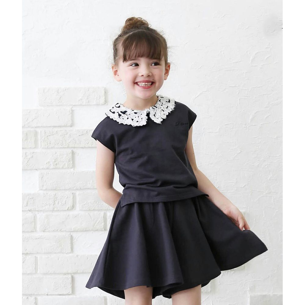 チャコールグレー 110cm コットンエアリー丸襟上下セット キッズ 女の子 おしゃれ 服 セットアップ 上下セット 夏 72052401 半袖 カットソー キュロット キュロットスカート 襟付き 刺繍 綿 かわいい カジュアルセットアップ