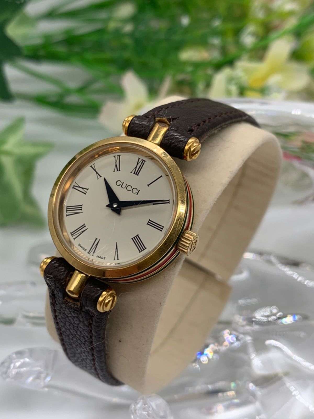 【新品電池】GUCCIシェリーライン純正革ベルトゴールドレディース 腕時計 ジャンク】グッチ GUCCI シェリーライン 革ベルト ゴールド