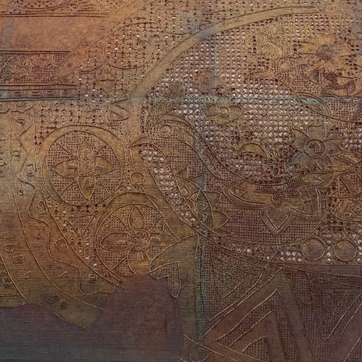 袋帯 花唐草 鏡裏文 刺繍 灰色 お太鼓柄 正絹