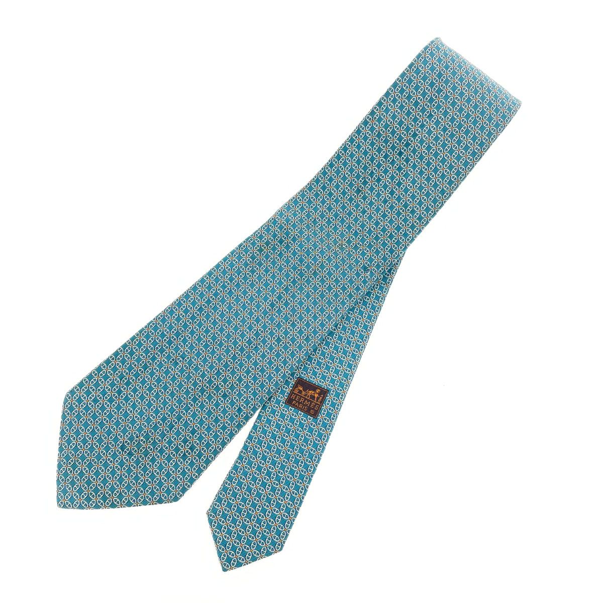 HERMES ブルー ネクタイ HERMES 美品 エルメス チェーン柄 ブルー シルバー シルク 7881