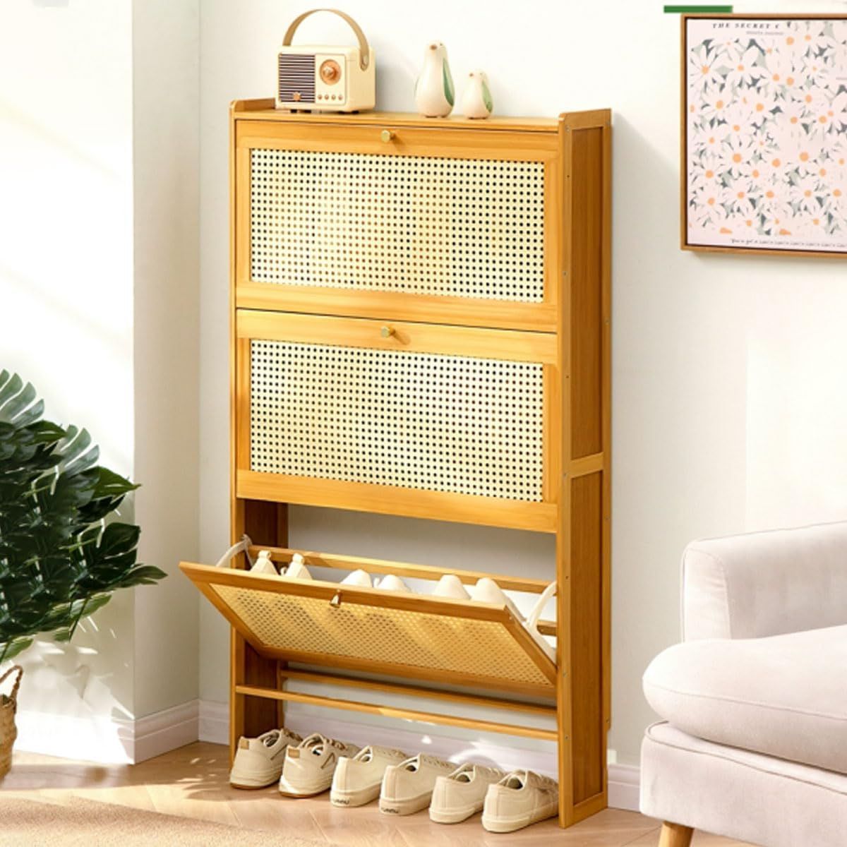 玄関収納 天然竹製 通気性 収納家具 シューズラック 下駄箱 省スペース 靴箱 大容量 奥行 3段 幅70CM 17CM スリム 薄型 コンパクト シューズボックス Yumcute