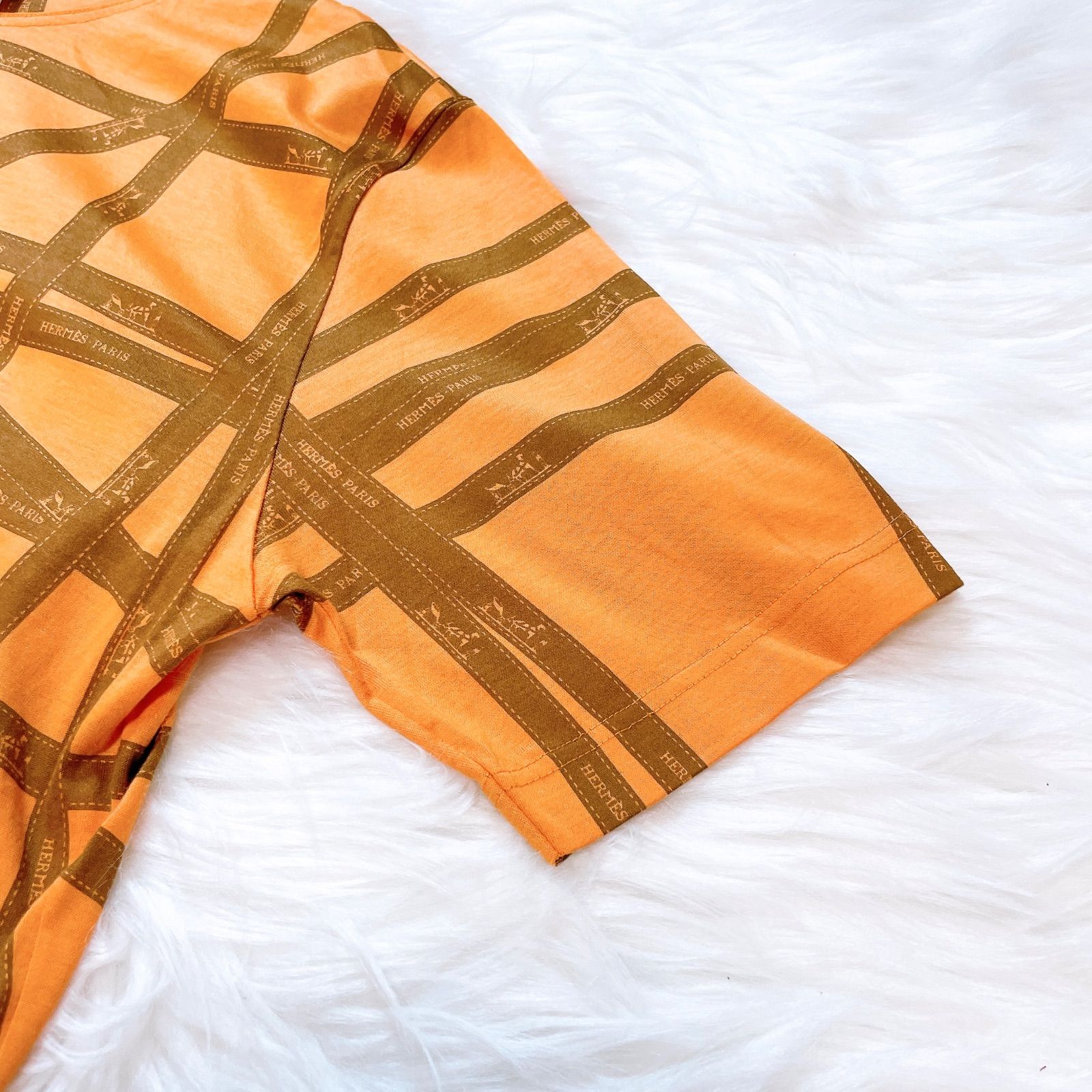HERMES エルメス Tシャツ リボン柄 オレンジ M HERMES エルメス カットソー Tシャツ 半袖 リボン柄 ロゴ