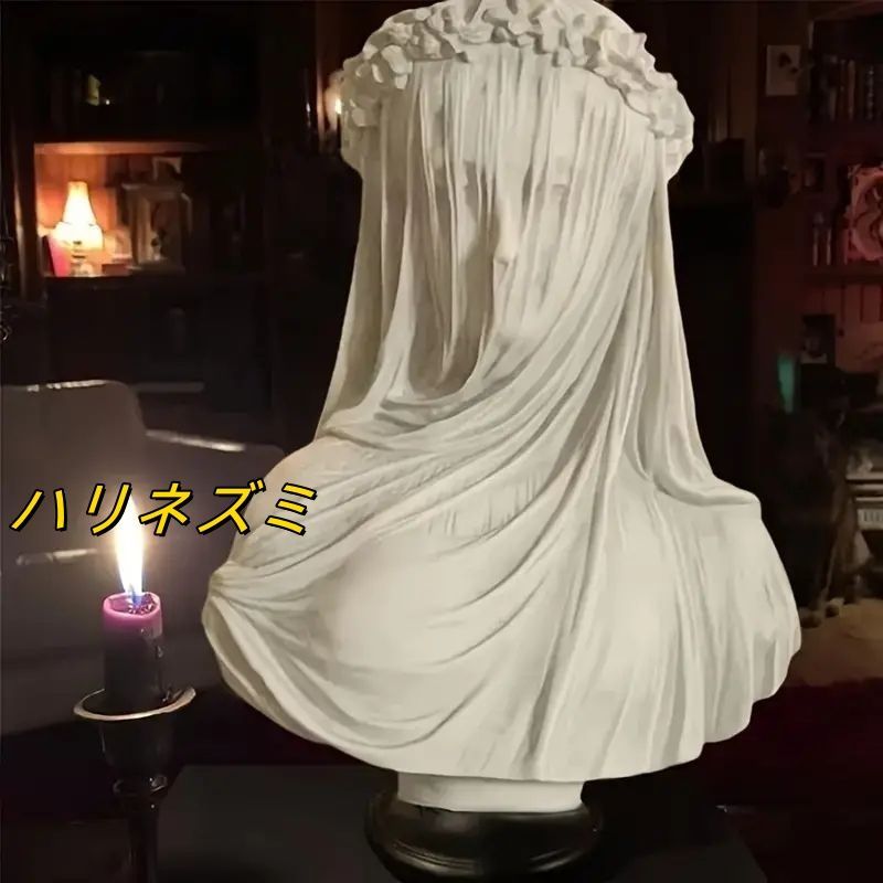 エレガントなベールを纏った女性像 - ヨーロピアンスタイルの美術工芸品、白い糸ガーランド付き樹脂彫刻オーナメント。高級感あふれるホームリビング、バー、カフェに最適な装飾オブジ